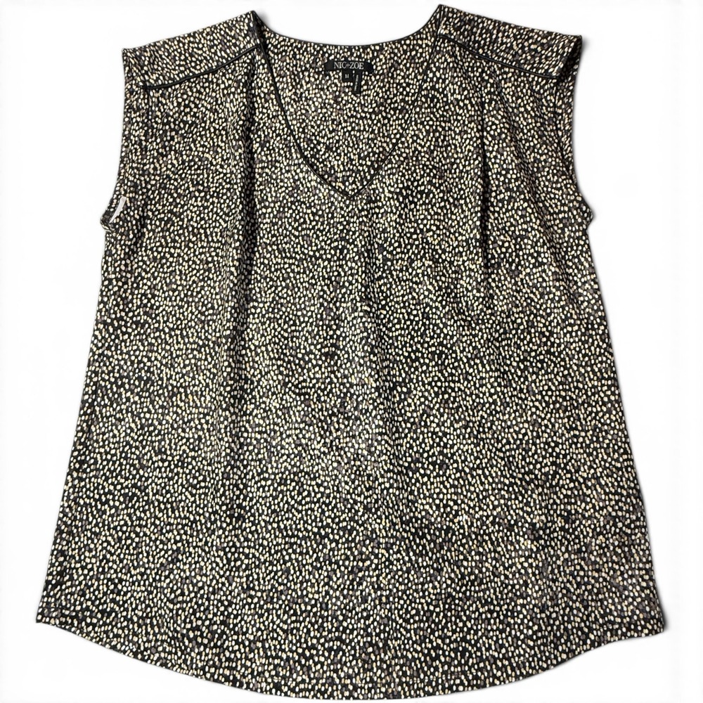 NIC+ZOE V-Neck Blouse Abstract Dot Print Women Size M Faux Leather‎ Trim Flowy